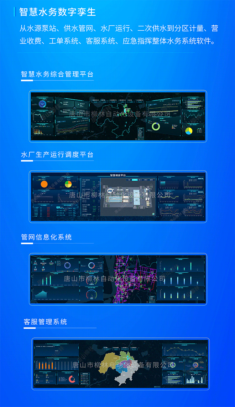 智慧水務(wù)數(shù)字孿生系統(tǒng)從水源泵站、供水管網(wǎng)、水廠(chǎng)運(yùn)行、二次供水到分區(qū)計(jì)量、營(yíng)業(yè)收費(fèi)、工單系統(tǒng)、客服系統(tǒng)、應(yīng)急指揮整體水務(wù)系統(tǒng)軟件。