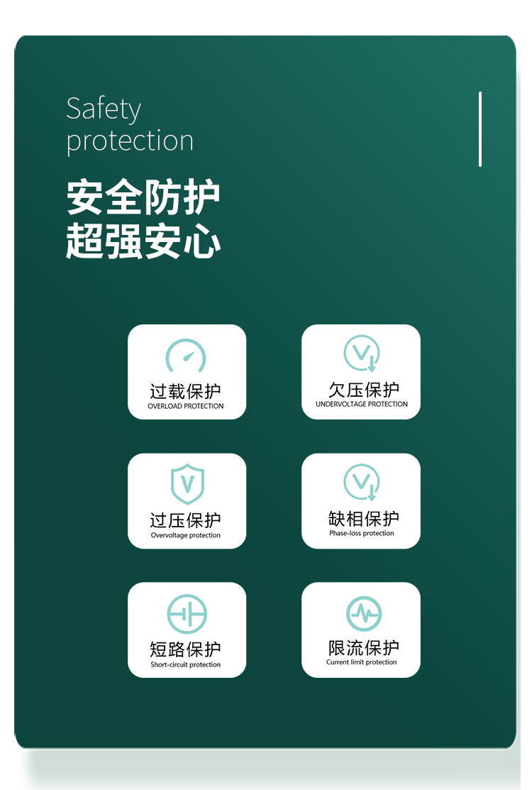 安全防護(hù) 超強(qiáng)安心。對(duì)過載、欠壓、過壓、缺相、短路、限流等狀況實(shí)現(xiàn)智能保護(hù)。
