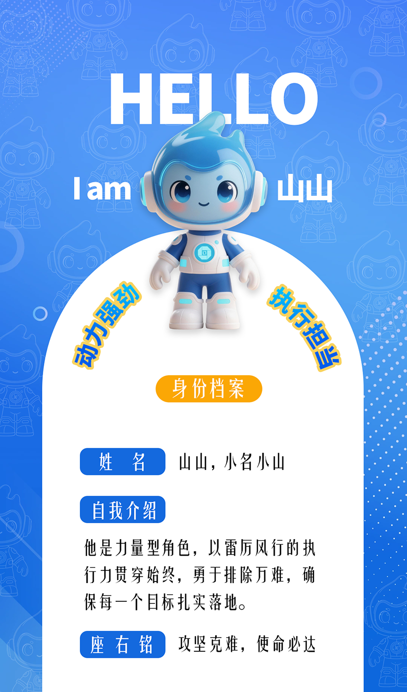 山山——動力強勁 · 執行擔當 他是力量型角色,以雷厲風行的執行力貫穿始終,勇于排除萬難,確保每一個目標扎實落地。 座右銘:攻堅克難,使命必達